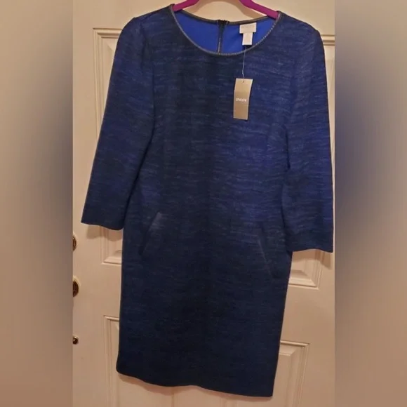 NWT Chico’s Faux Leather Trim Jacquard Blue Long Sleeve Dress Sz S/ Chicos Sz 0 - Picture 1 of 9
